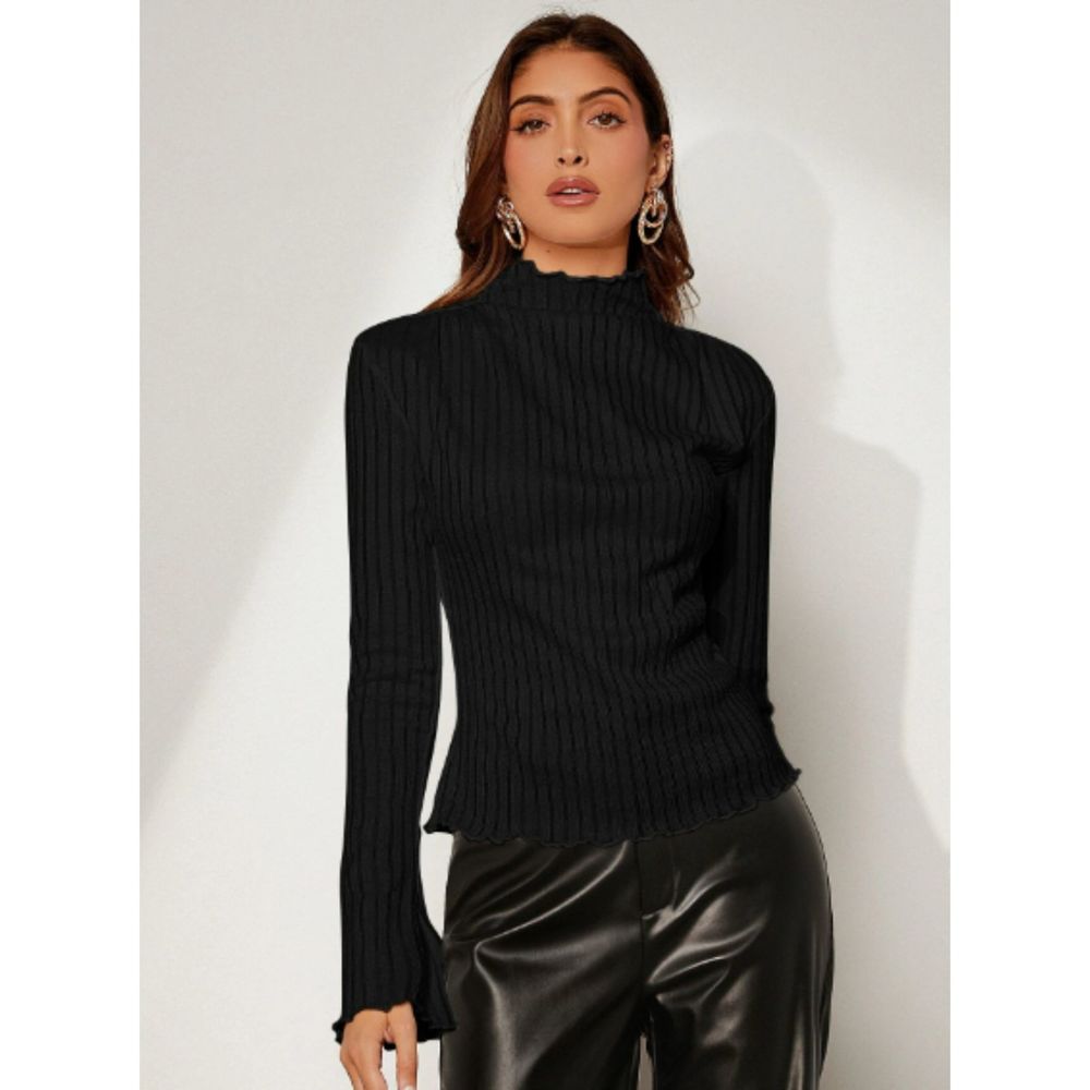 Black Mock Neck Lettuce Trim Long Sleeve